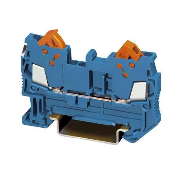 Blau-orangener industrieller Klemmenblock mit schraubenlosen Anschlüssen, ausgelegt für die Montage auf einer Hutschiene, verwendet in elektrischen Anwendungen.