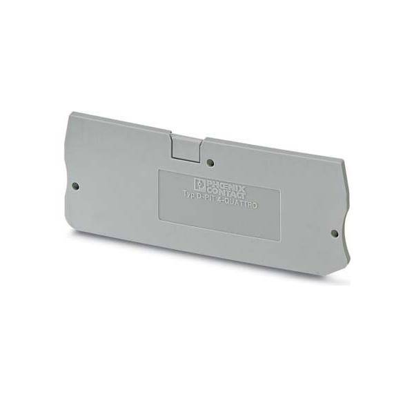 Ein grauer Phoenix Contact Klemmenblockenddeckel, Modell D-PT-TWIN, entwickelt zum sicheren Verschluss von Klemmenblocksektionen in Elektroverteilern.