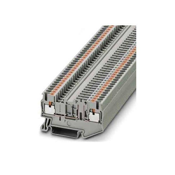 Ein grauer rechteckiger Klemmenblock mit Reihen von Anschlusspunkten, entwickelt zur Organisation und Verwaltung elektrischer Verkabelung.