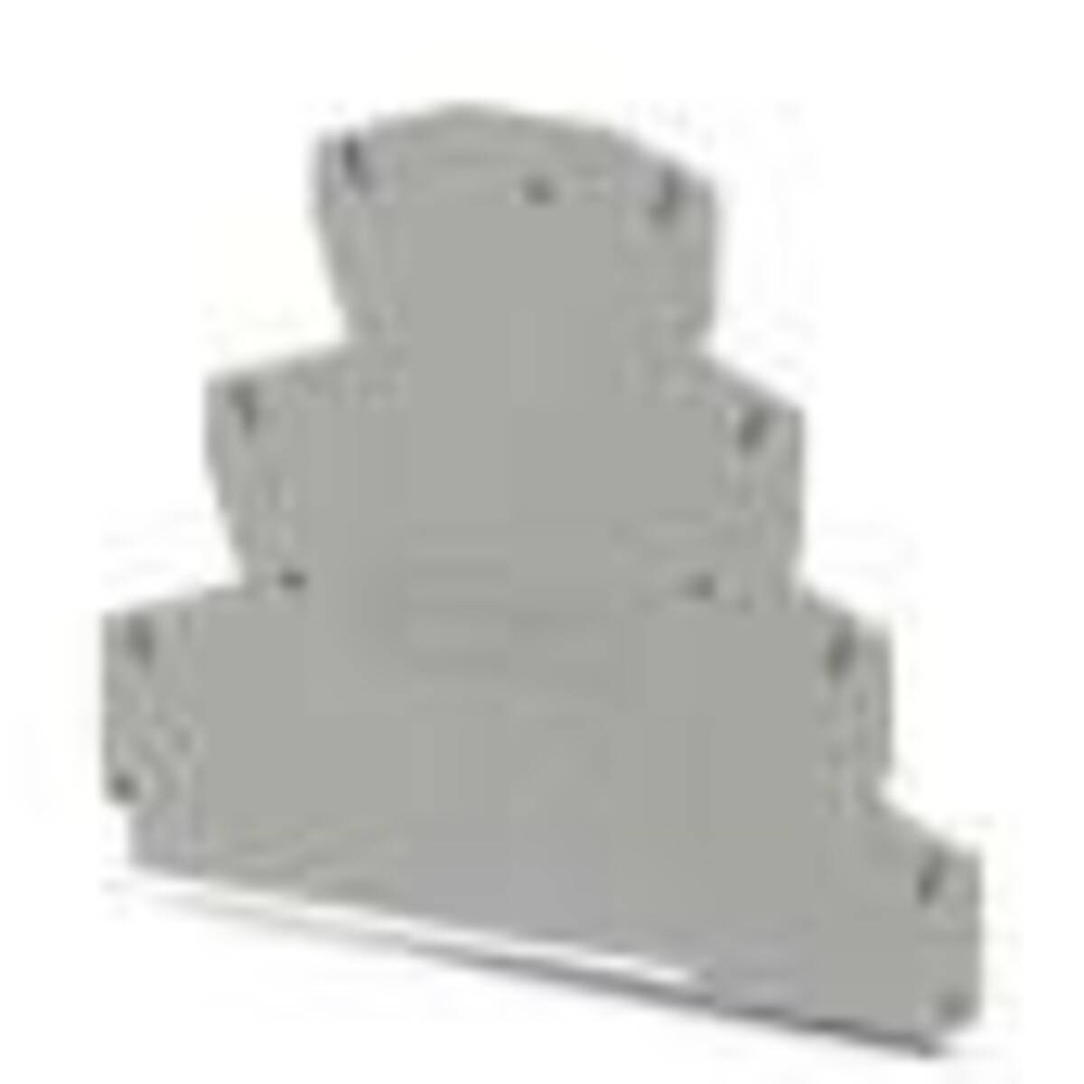 Ein abgestuftes graues Objekt, das wie eine vereinfachte, eckige Pyramide mit drei Stufen von vorne betrachtet aussieht.