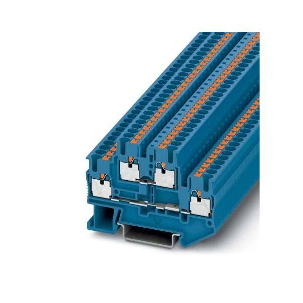 Ein modulares blaues Reihenklemmen-System mit mehreren Anschlusspunkten, das zur Organisation und Verteilung elektrischer Schaltkreise in industriellen Umgebungen verwendet wird.