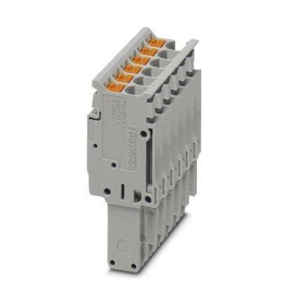 Ein grauer modularer Terminalblock mit orangefarbenen Einsätzen, ausgestattet mit mehreren Anschlusspunkten und konzipiert für den Aufbau elektrischer Schaltkreise.