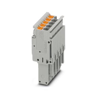 Grauer Elektroanschlussklemmenblock mit orangefarbenen Hebelbefestigungen und mehreren Anschlussöffnungen, dargestellt auf weißem Hintergrund.