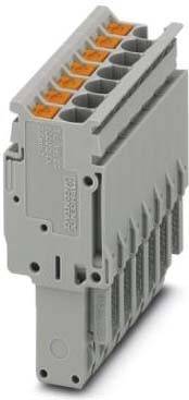 Ein grauer Elektro-Anschlussblock mit mehreren Verbindungspunkten und einem orangefarbenen Akzent oben, der zur elektrischen Schaltkreis-Verbindung und -Organisation verwendet wird.