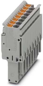 Ein grauer elektrischer Anschlussblock mit mehreren Anschlüssen und orangefarbenen Clips, der für Verdrahtungsverbindungen in elektronischen Systemen verwendet wird.