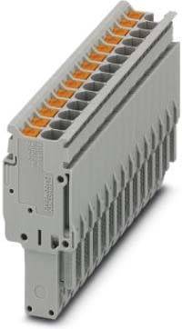 Ein stapelbarer grauer elektrischer Anschlussblock mit mehreren Anschlussöffnungen, der zur Organisation und Verbindung von Kabeln in elektrischen Systemen verwendet wird.