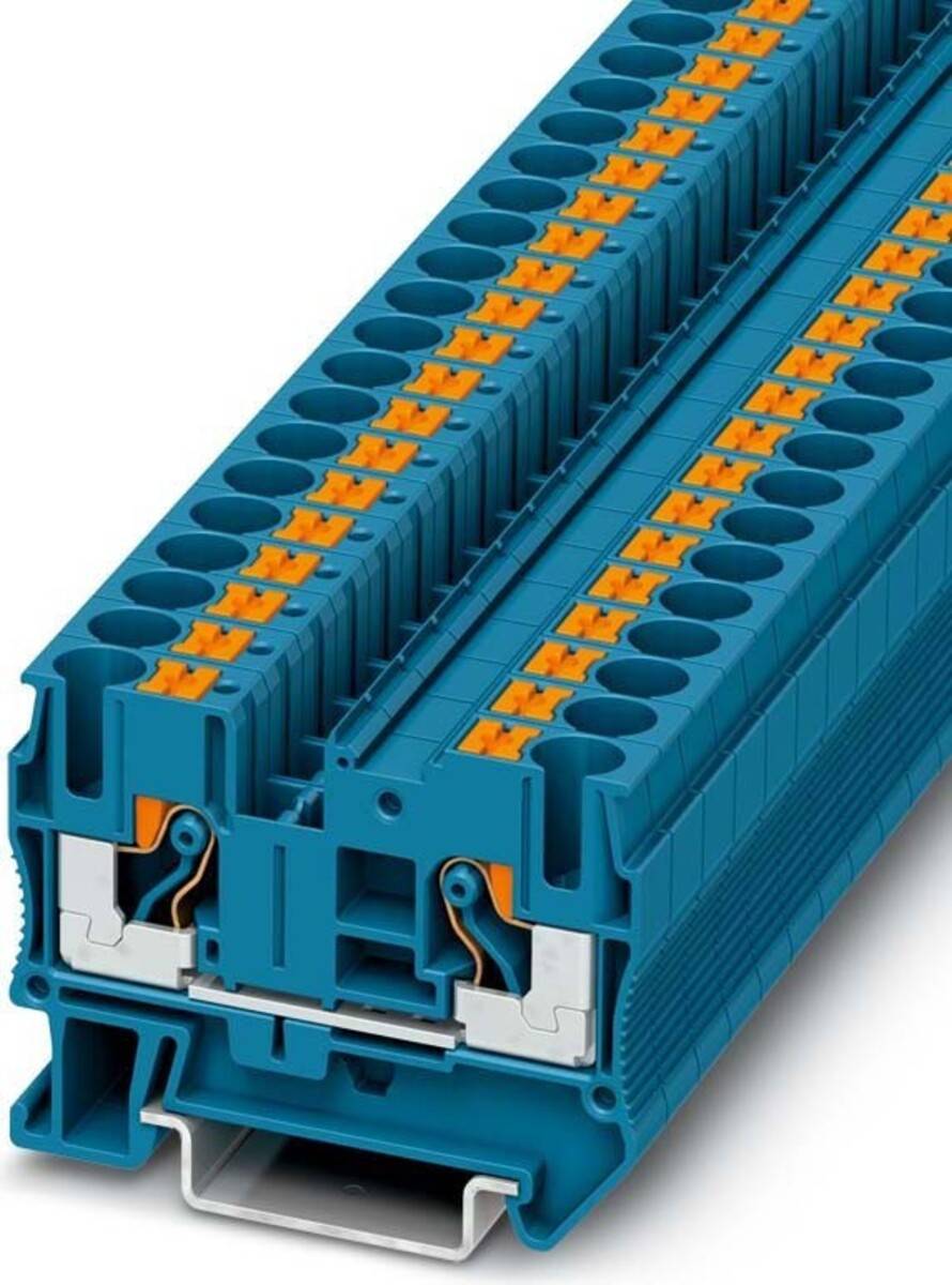 Ein blauer und orangefarbener industrieller Terminalblock mit mehreren Anschlusspunkten, verwendet zur Organisation und Verteilung von elektrischen Schaltkreisen.