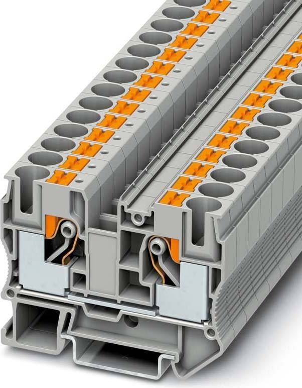 Eine detaillierte Darstellung eines modularen Klemmenblockssystems, das mehrere miteinander verbundene Kanäle und orangefarbene Hebelclips für elektrische Verbindungen zeigt.