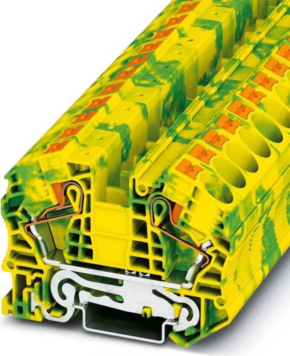 Schnittansicht eines gelben und grünen industriellen Anschlussblocks, die detaillierte interne Leitungswege und Komponenten für elektrische Verbindungen zeigt.