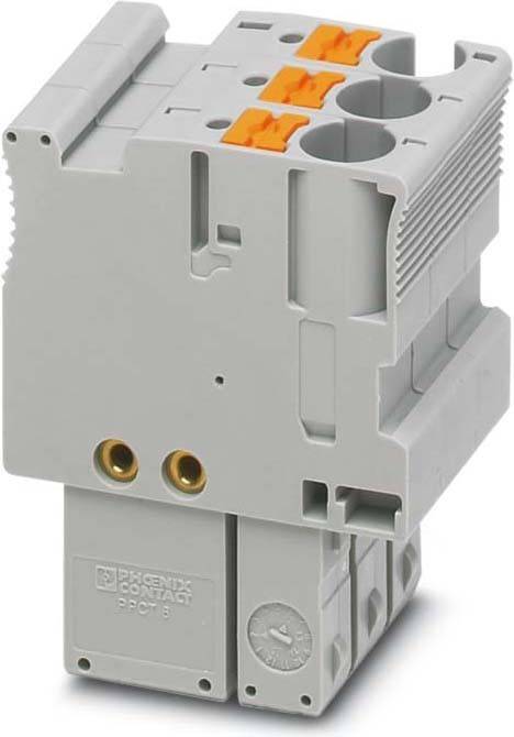Eine graue elektrische Komponente mit mehreren Schlitzen und einem sichtbaren orangen Teil, die für den Einsatz in elektrischen Systemen konzipiert ist.