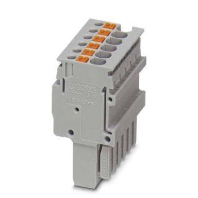 Ein grauer Klemmenblock mit mehreren orangefarbenen Anschlüssen zum Sichern von elektrischen Kabeln, zum Anbringen auf einer Hutschiene konzipiert.