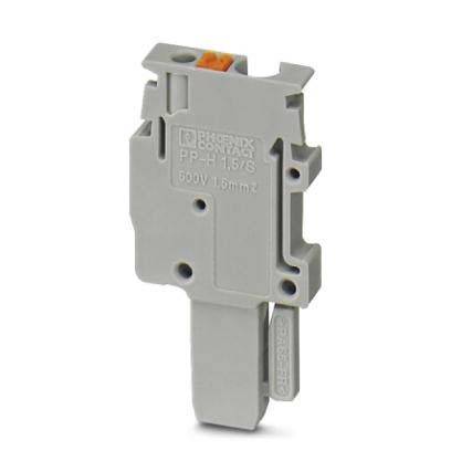 Ein grauer, rechteckiger Phoenix Contact Reihenklemmenblock, Modell PP-H 1,5/S, gekennzeichnet mit Spannungsnennwert '500V, 16A', aufrecht stehend.