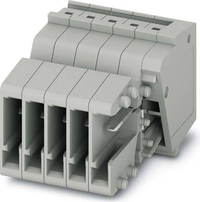 Ein grauer elektrischer Anschlussblock mit fünf Steckplätzen, der zum Befestigen und Organisieren mehrerer Kabel in einem elektrischen Schaltkreis verwendet wird.