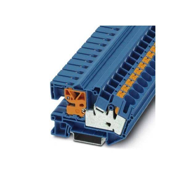 Blauer und orangefarbener Anschlussblock für elektrische Verbindungen, der Drahteintrittspunkte und Verbindungsmechanismen zur Verdeutlichung zeigt.