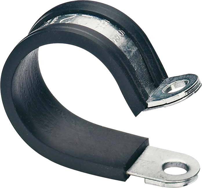 Eine schwarze, gummierte Metallklemme mit jeweils einem Loch an beiden Enden ist zu sehen. Sie wird wahrscheinlich zum Befestigen von Kabeln oder Rohren verwendet.