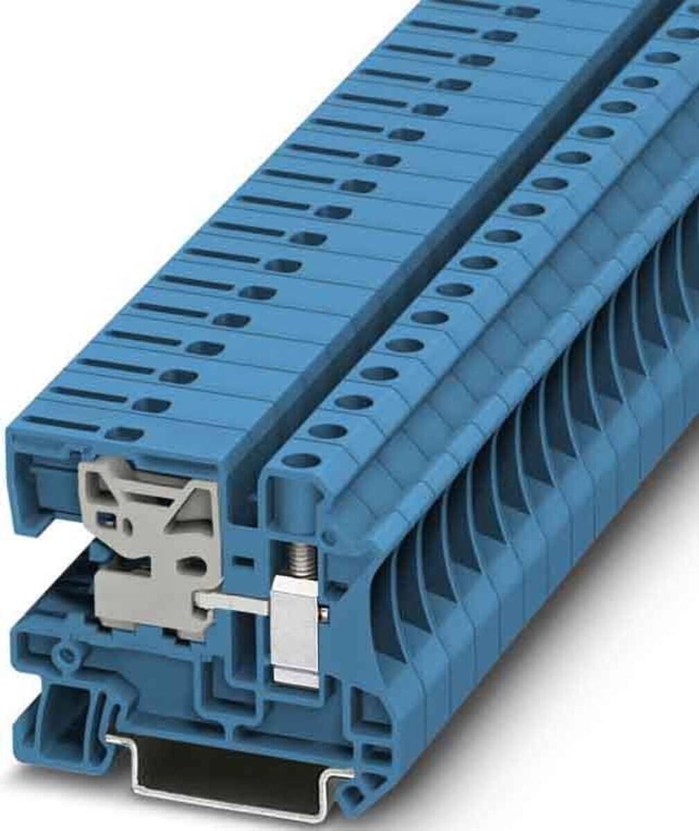 Eine Nahaufnahme eines blauen elektrischen Terminalblocks mit sichtbarem Querschnitt, der die internen Verbindungen und Komponenten zeigt.