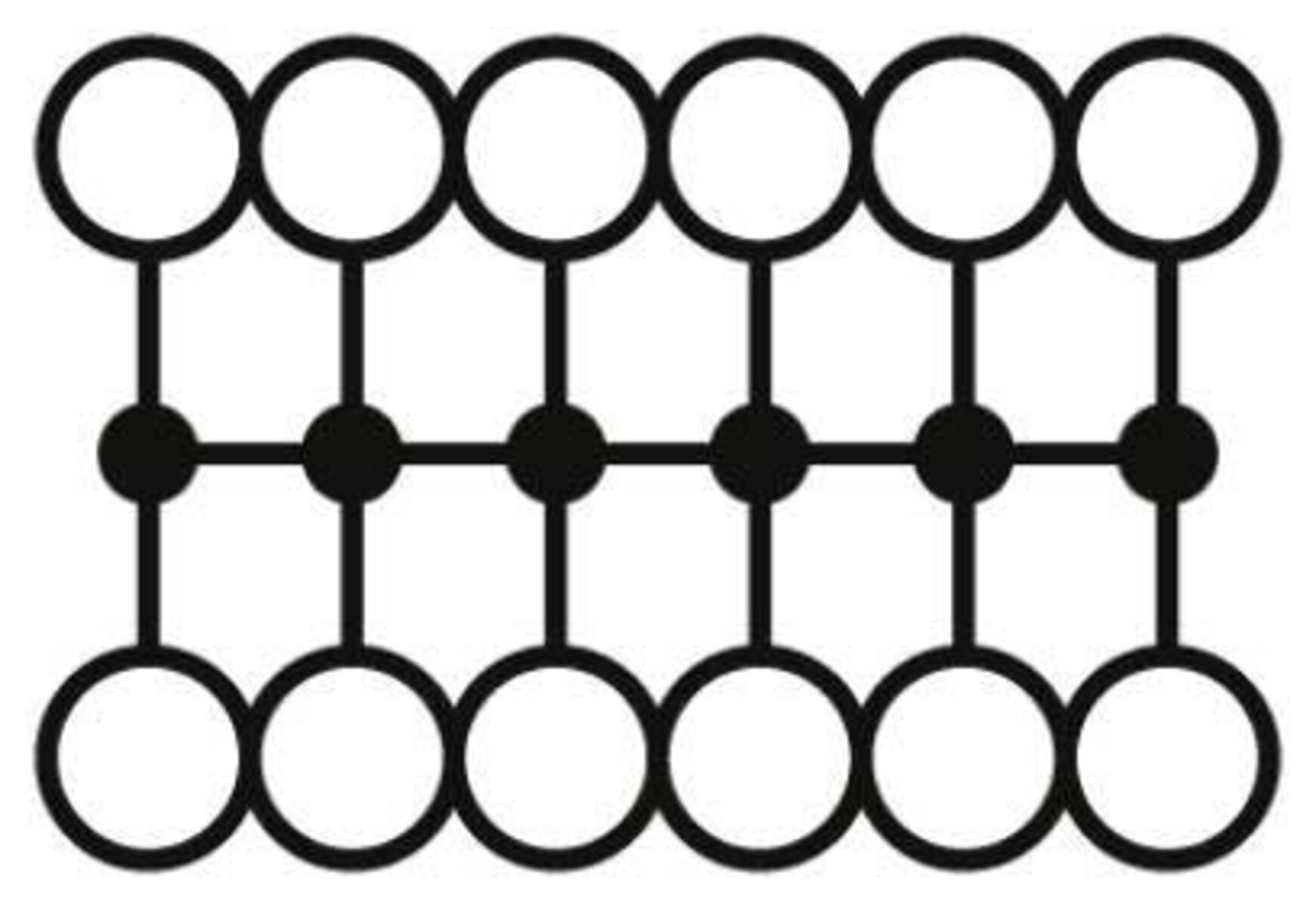 Abstraktes Muster aus miteinander verbundenen Kreisen und festen Punkten, die ein symmetrisches Design mit zwei Reihen von Kreisen bilden, die durch vertikale Linien miteinander verknüpft sind.