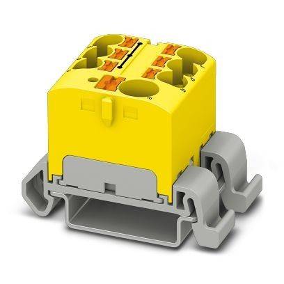 Gelbes Elektrik-Klemmleistenblock mit grauen Federklammern, im Close-up auf weißem Hintergrund dargestellt.