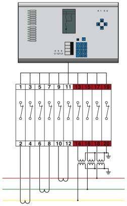 Elektrische Schaltschrank-Diagramm mit einer nummerierten Schalttafel (1-20) und einer Tastatur darüber, das eine Verdrahtungsanordnung mit Schaltern zeigt.