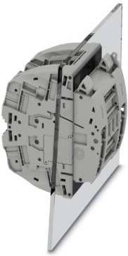 Eine mechanische Komponente mit komplexen geometrischen Formen, vermutlich Teil eines industriellen oder automatisierten Systems, in Grauton dargestellt.