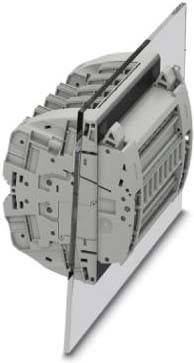 Eine Nahaufnahme einer modularen elektrischen Anschlussklemme, die die Anschlussklemmen und die Tragschiene für Verdrahtungssysteme zeigt.