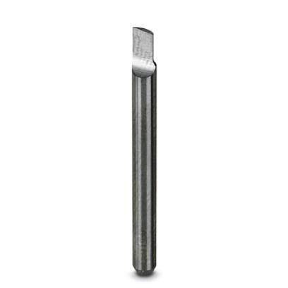Ein einzelnes Metallschneideisen mit einem zylindrischen Schaft und einer angewinkelten Schneidkante, das für Präzisionsbearbeitung an Drehmaschinen oder Fräsmaschinen verwendet wird.