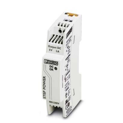 Kompaktes Netzteilmodul mit der Bezeichnung 'STEP POWER' und Phoenix Contact-Markenlogo. Ausgangsspannung 5V DC, 2A. Geeignet für verschiedene elektrische Anwendungen.