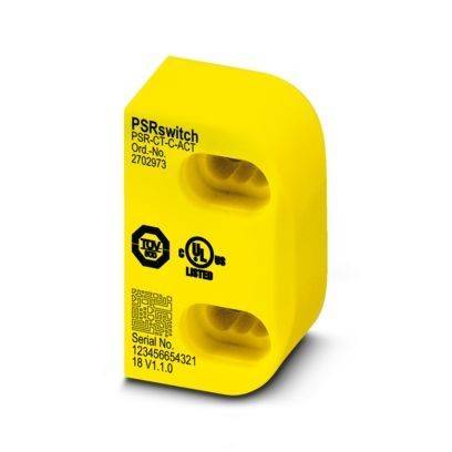 Ein gelber industrieller PSRSwitch mit sichtbaren Logos und Seriennummer, verwendet für Sicherheitsanwendungen in Maschinen.