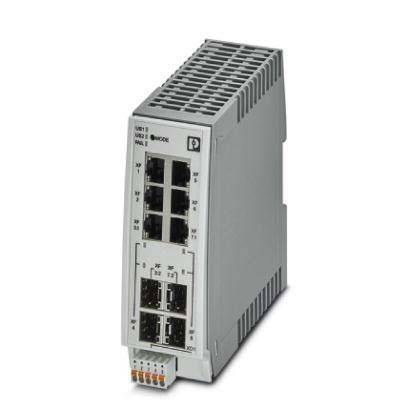 Ein grauer industrieller Netzwerkswitch mit mehreren Ethernet-Ports, in drei Reihen angeordnet, konzipiert für High-Performance-Datentransfer.