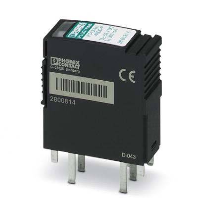 Ein schwarzes Phoenix Contact Relaismodul mit der Seriennummer 2800814, versehen mit CE-Kennzeichnung, fünf Metallstiften an der Basis und einem Barcode.