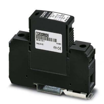 Ein schwarzer DIN-Schienenmontierter einreihiger Endverbinder mit Produktetiketten, verwendet für elektrische Verbindungen in industriellen Umgebungen.
