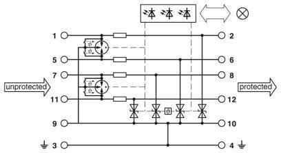 Eine schematische Darstellung eines Dreiphasen-Gleichrichters mit Dioden und Widerständen, die parallel und in Reihe angeordnet sind, wobei die Stromflussorientierung angegeben wird.
