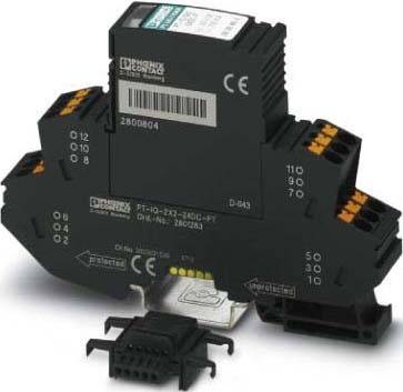 Elektrische Komponente mit mehreren Anschlusspunkten, beschriftet mit ‚Phoenix Contact'. Dient zur Schnittstelle von elektrischen Stromkreisen.