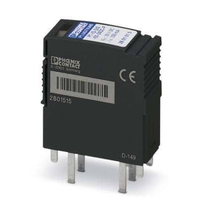 Eine rechteckige schwarze elektronische Komponente mit metallischen Anschlüssen am unteren Ende. Sie trägt Beschriftungen, darunter 'PHOENIX CONTACT' und einen Strichcode.