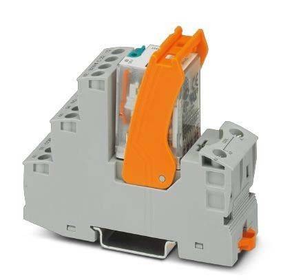 Ein grauer elektrischer Relais mit orangefarbenem Hebel, montiert auf einer Hutschiene, der zur Steuerung eines Stromkreises durch ein separates Niedrigenergie-Signal verwendet wird.