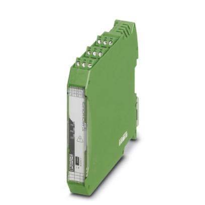 Ein grünes elektronisches Gerät mit Anschlussklemmen oben und einer Beschriftung an der Seite. Verwendet für industrielle oder elektronische Anwendungen.