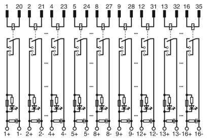Eine Schaltskizze, die eine Reihe von beschrifteten Verbindungen mit Zahlen von 1 bis 13 oben und unten zeigt. Enthält Widerstände und LEDs.