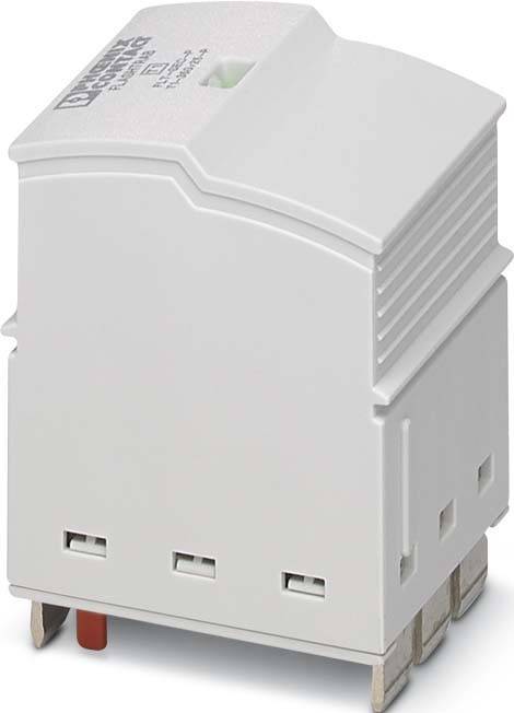 Ein weißes elektrisches Gerät mit rechteckiger Form und gelochter Oberseite, möglicherweise eine Komponente zur Montage auf einer Hutschiene.