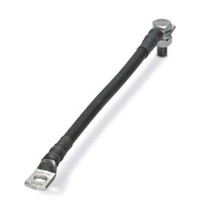 Ein schwarzes Erdungsband mit Metallverbindern an beiden Enden, das für elektrische Erdungszwecke verwendet wird.