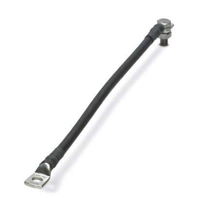 Ein gerader schwarzer Kabel mit Metallsteckern an beiden Enden; ein Ende verfügt über einen Bolzen und eine Mutter, geeignet für elektrische oder mechanische Verbindungen.