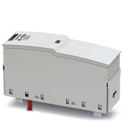Ein weißes rechteckiges elektronisches Gerät, möglicherweise ein Sicherungsautomat oder ein Steuermodul, mit Anschlüssen und einem kleinen Fenster auf seiner Oberfläche.