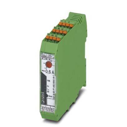 Grünes elektronisches Gerät mit einer Beschriftung, die '0,6A' anzeigt. Für elektrische Steuerungssysteme verwendet, mit mehreren orangefarbenen Anschlüssen auf der Oberseite.