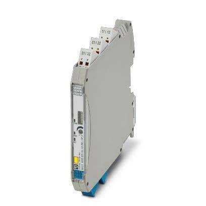 Ein schlankes, graues elektronisches Gerät mit beschrifteten Anschlüssen auf der Oberseite und einem seitlichen Panel, das eine Reihe kleiner Indikatoren zeigt.