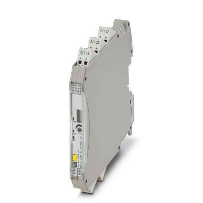 Ein schlankes, graues DIN-Schienen-montierbares elektronisches Gerät mit mehreren Anschlussklemmen an der Oberseite, das für industrielle Automatisierung oder Steuerungssysteme verwendet wird.