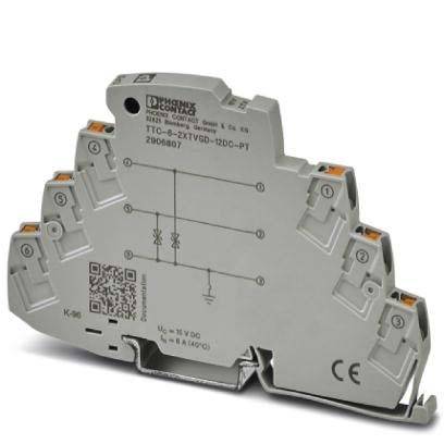 Ein elektronisches Relaismodul mit mehreren Anschlüssen und beschrifteten Anschlussklemmen zum Verdrahten. Das Modul ist für den industriellen Einsatz konzipiert.