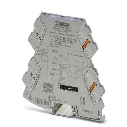 Ein grauer elektronischer Modul mit orangefarbenen Komponenten und beschrifteten Anschlüssen, wahrscheinlich für industrielle Automatisierung zur Datenumwandlung und -übertragung verwendet.