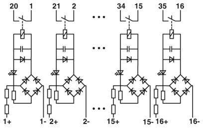 Schaltplan, der eine Reihe von elektronischen Bauteilen und Verbindungen zeigt. Enthält Dioden, Widerstände, Transformatoren und Schalter in einem konsistenten Muster.