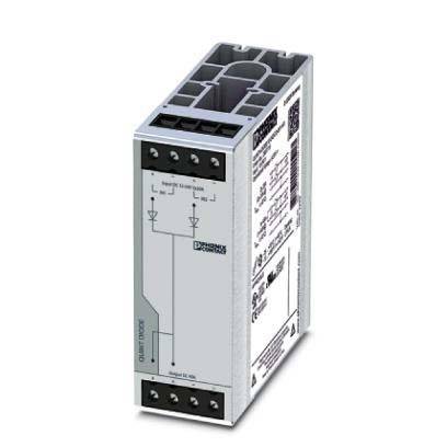 Ein rechteckiges industrielles elektronisches Gerät mit beschrifteten Anschlüssen und einem Diagramm an einer Seite, höchstwahrscheinlich eine Stromversorgungseinheit oder eine Relaiskomponente.