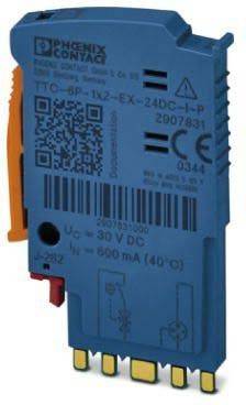 Eine Nahaufnahme einer blauen elektronischen Komponente mit Etiketten, einschließlich QR-Code, CE-Kennzeichnung und Spezifikationen für Spannung und Stromstärke.