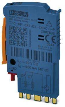 Eine blaue elektronische Komponente mit QR-Code, Barcode und technischen Spezifikationen. Teil eines elektrischen oder Automatisierungssystems.